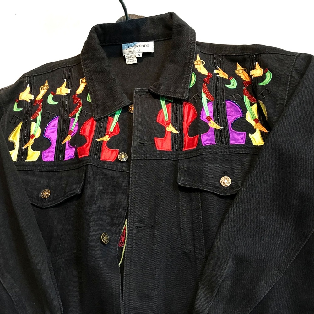 Vintage Cedars 80s Cellos Piano Art Deco Denim Jacket - Picture 4 of 8